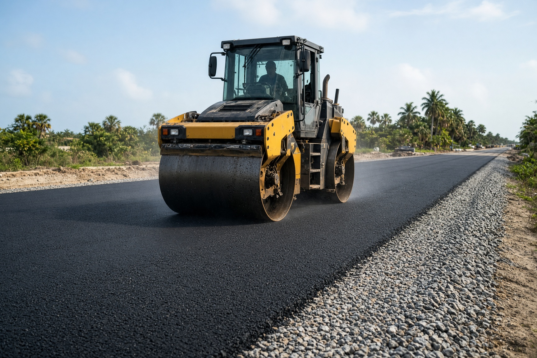 Roller compacting fresh asphalt